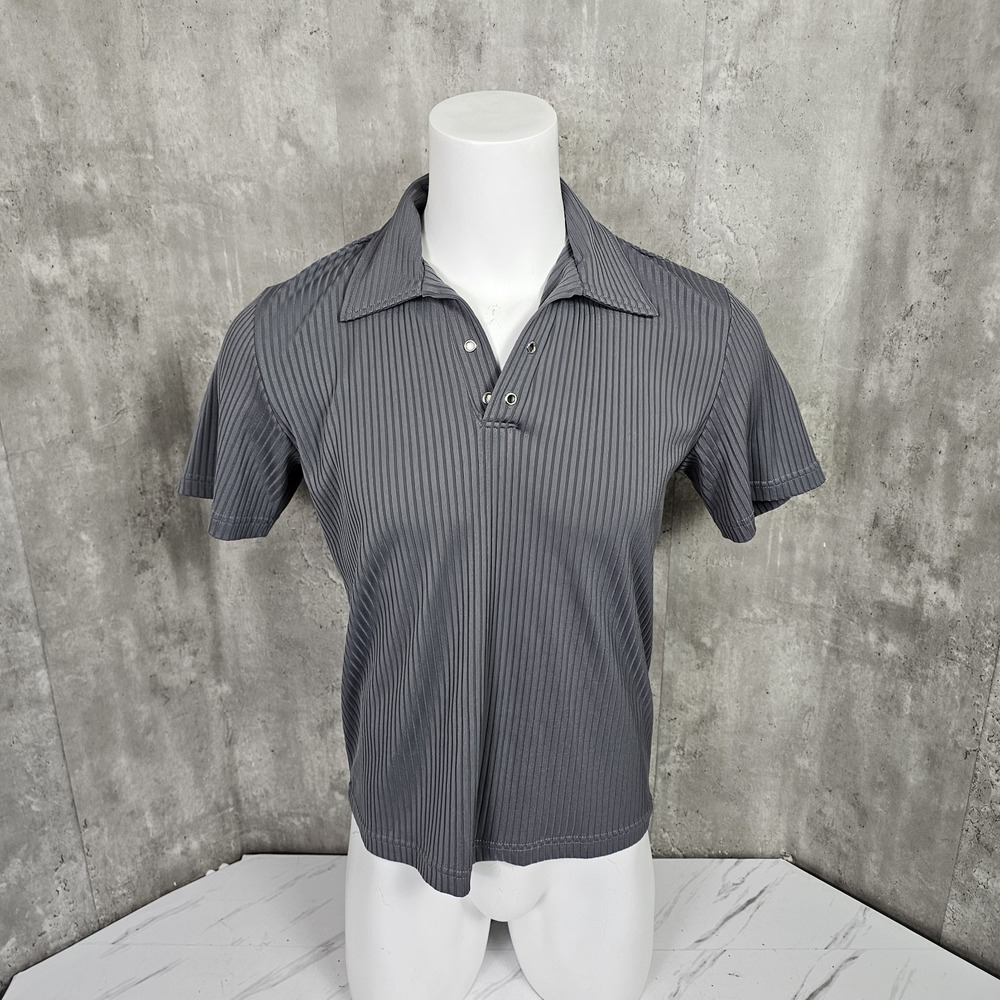 Y2K Roar USA Mens L Grey Ribbed Stretchy Fitted Club Rave Shirt S/S Collared